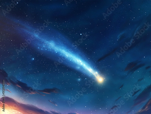Fototapeta Bright comet streaking across a starry night sky