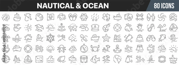 Obraz Nautical and ocean line icons collection. Big UI icon set in a flat design. Thin outline icons pack. Vector illustration EPS10