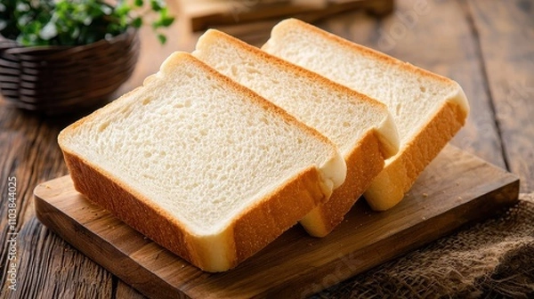 Obraz Slices of Fresh White Bread on Wooden Board with Natural Textures