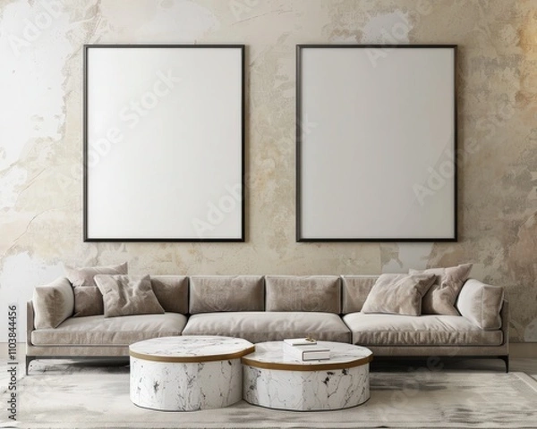 Fototapeta Minimalist living room interior with a white sofa. a round marble coffee table. and two framed pictures on the wall
