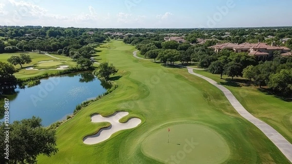 Obraz Aerial View of Green Golf Course with Water Feature and Sand Trap
