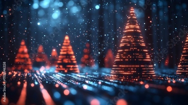Fototapeta Glimmering digital Christmas trees in a snowy, futuristic forest. Festive lights illuminate the scene, creating a magical, technological winter wonderland.