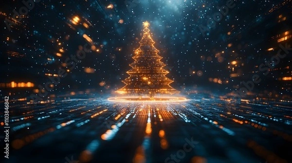 Fototapeta Futuristic Christmas Tree: A digital wonder glowing in the dark, sparkling with festive lights and a magical, snowy atmosphere.