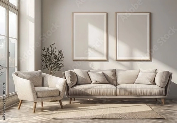 Fototapeta Minimalist living room interior with beige sofa. two empty frames. and a large window