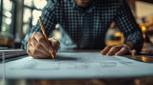Fototapeta Product designer sketching ideas, presentation board in background, concept brainstorming, well-lit, DSLR clarity,