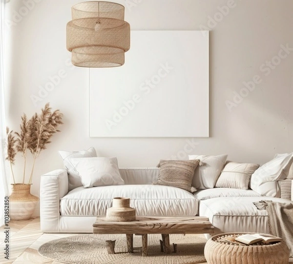 Fototapeta A minimalist living room with a large blank canvas. a white sofa. and dried pampas grass