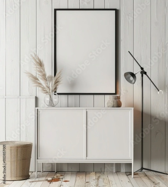 Fototapeta Minimalist interior design with a white cabinet. a lamp. a clock. a round rug. a vase with dried flowers. and a black framed empty poster on a white wall