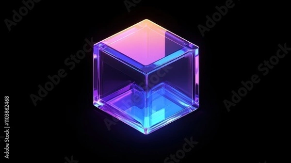 Fototapeta Vibrant glass cube with neon lighting on black background.