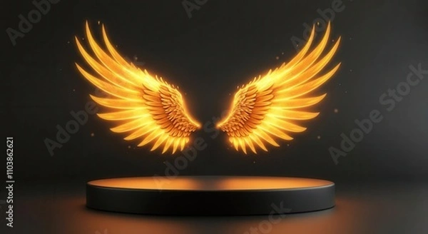 Fototapeta Glowing golden wings on dark stage