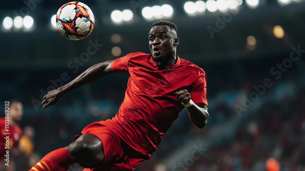 Fototapeta A footballer performing a trick or skill move, showcasing agility and finesse