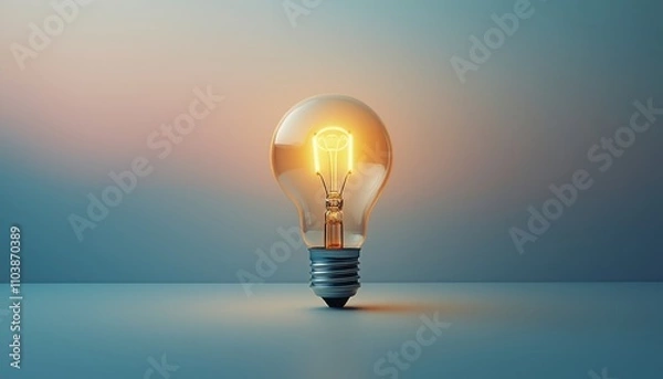 Fototapeta A glowing lightbulb stands majestically against a soft gradient background, radiating warmth and inspiration. The intricate filament inside glimmers with a golden hue, symbolizing creativity and the