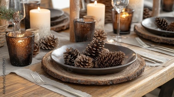 Fototapeta New Yearâ€™s table setting in a farmhouse style, with natural wood, candles, and pine cones.