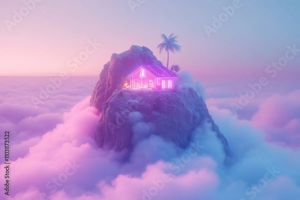 Fototapeta A surreal house on a rocky peak surrounded by colorful clouds at sunset.