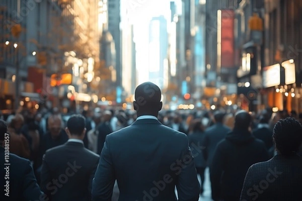 Fototapeta Golden Hour NYC Anonymous Man in Vast Skyscraper Crowd