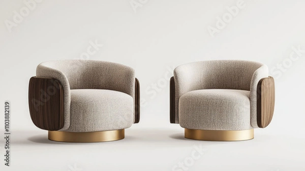 Fototapeta pair of modern, elegant armchairs with a neutral beige fabric, dark wooden side panels, and a luxurious golden base. Perfect for a minimalist, contemporary interior design setting