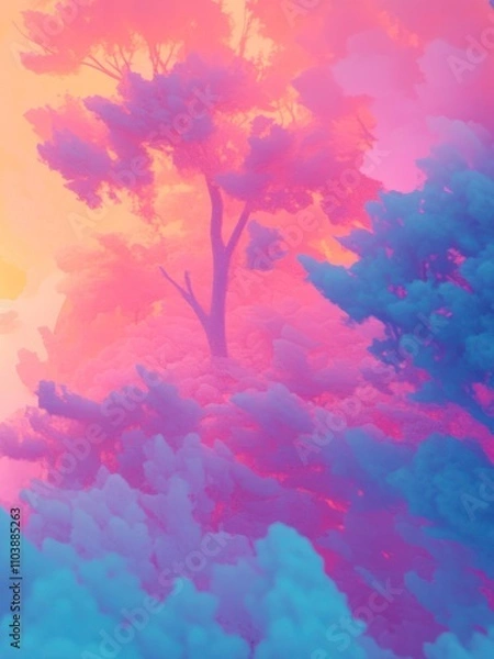Fototapeta A vibrant, surreal landscape with colorful trees and soft, fluffy foliage.