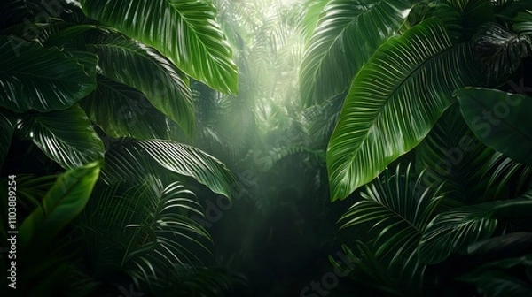 Obraz Lush Tropical Foliage with Vibrant Green Leaves in a Dense Jungle Environment
