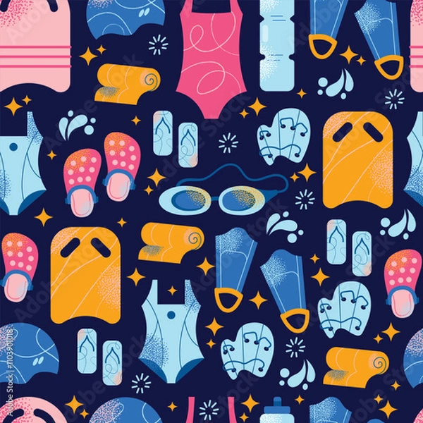 Fototapeta Seamless pattern swimming equipment and accessories swimsuits, goggles, flippers, swim caps, water bottle, towel, and kickboard. Flat cartoon illustration with colorful design elements isolated