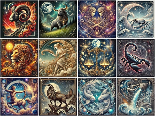 Fototapeta the set of all twelve zodiac signs in fantasy artistic detailed style, astrology concept