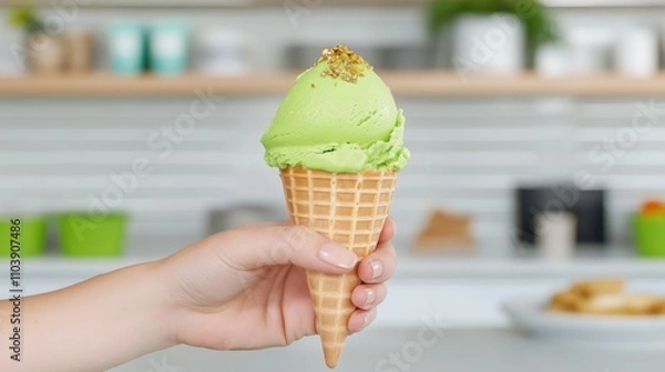 Fototapeta A hand holding a cone of green ice cream, topped with a sprinkle, set against a light kitchen background.