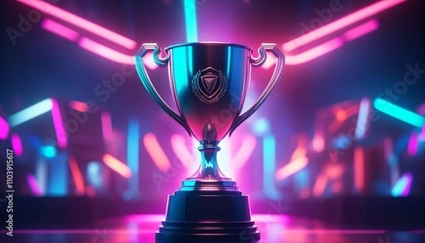 Fototapeta E-sports champion trophy showcased in a studio lit by neon lighting with a defocused background. Created with generative AI technology