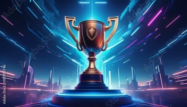 Fototapeta E-sports trophy against a futuristic neon-lit night sky. Created with generative AI technology