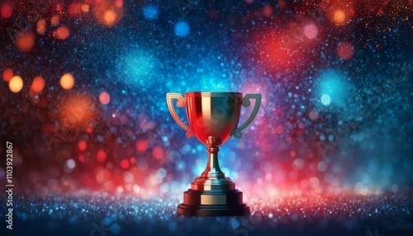 Fototapeta Red E-Sports winner trophy with blue and red bokeh. Created with generative AI technology