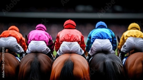 Fototapeta A vibrant capture of jockeys lined up in colorful outfits, set against a blurred backdrop, embodying the excitement and energy of horse racing events.
