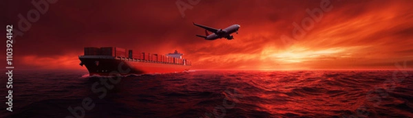 Fototapeta A dramatic sunset scene featuring a cargo ship on the ocean and an airplane flying overhead against a vibrant red sky.