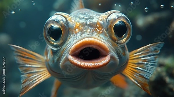 Obraz Close-up of a surprised-looking fish with orange and grey scales, large eyes, and open mouth underwater.