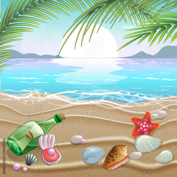 Fototapeta Summer illustration - sea inhabitants on a beach sand against a sunny seascape.
