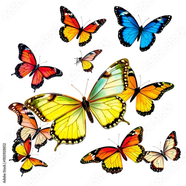 Fototapeta Flying Butterflies Isolated on White Background – Colorful Cutout Design