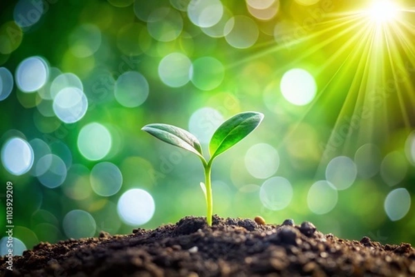 Fototapeta Vibrant Green Plant Sprout Growing in Soft Bokeh Background, Symbolizing Nature’s Renewal and Growth, Ideal for Eco-Friendly Concepts and Gardening Themes