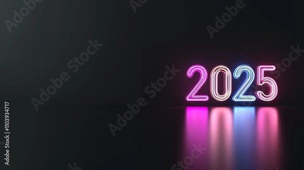 Fototapeta Neon representation of the year 2025 on a reflective surface against a dark background.