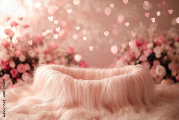 Fototapeta Digital backdrop for newborn, Basket with fur, bokeh, floral backdrop, Composite, Overlay for Photoshop