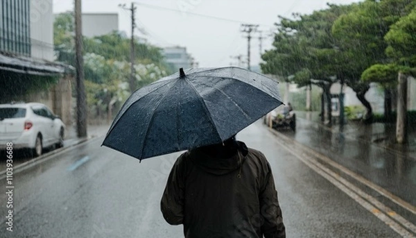 Fototapeta 비 오는 거리에서 우산을 쓰고 혼자 걷는 사람의 뒷모습