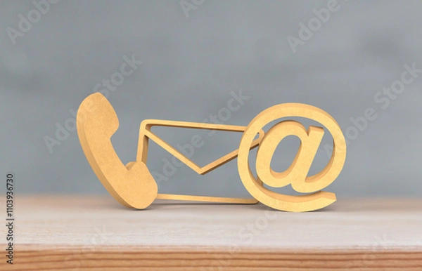 Fototapeta Modern Communication Symbols: Phone, Email, and At Icon on Wooden Surface