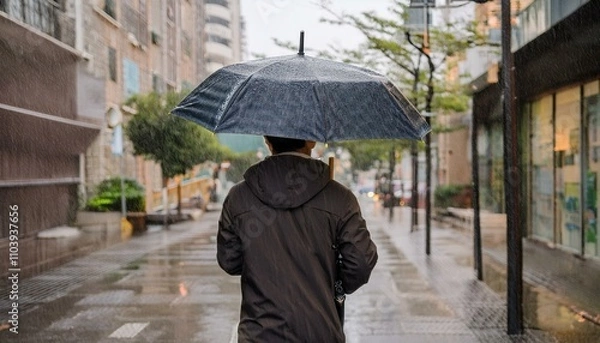 Fototapeta 비 오는 거리에서 우산을 쓰고 혼자 걷는 사람의 뒷모습