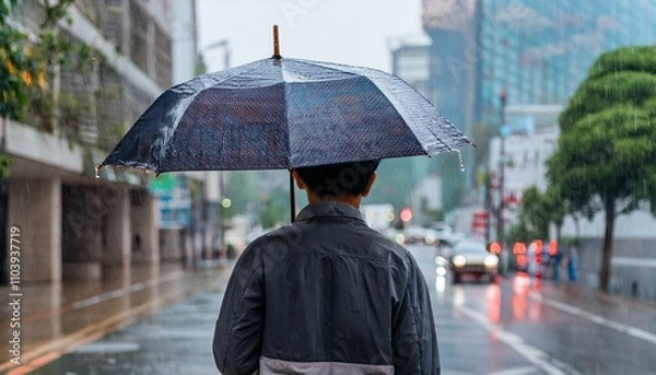 Fototapeta 비 오는 거리에서 우산을 쓰고 혼자 걷는 사람의 뒷모습