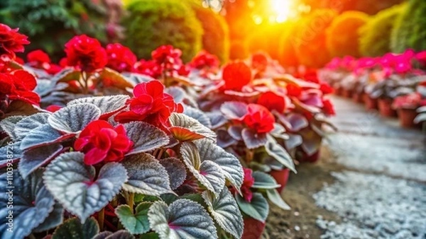 Fototapeta Vibrant Rows of Red and Pink Begonia Flowers Surrounded by Silver Dust Plants in a Local Park on a Warm Sunny Summer Day