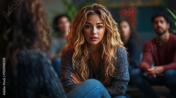 Fototapeta A group discussion with a focused woman in a cozy setting.