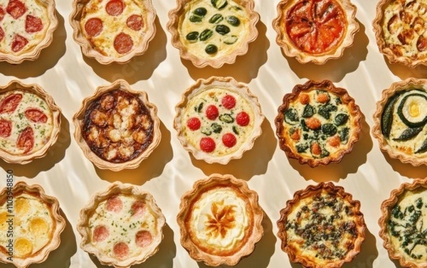 Fototapeta Assorted Tart Selection with Colorful Ingredients on a Bright Background