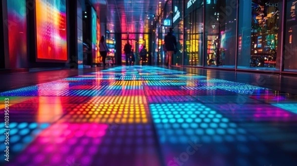 Fototapeta Vibrant Colorful LED Floor Lights Illuminated Pathway Night Cityscape