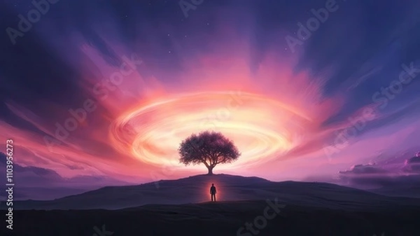 Fototapeta Beneficiary standing under glowing family tree, surreal energy radiating, Watercolor style,