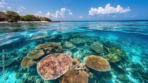 Fototapeta Reef Exploration and Underwater Photography. A vibrant underwater scene showcasing colorful coral reefs beneath crystal-clear waters, with a bright sky above and lush vegetation in the background.