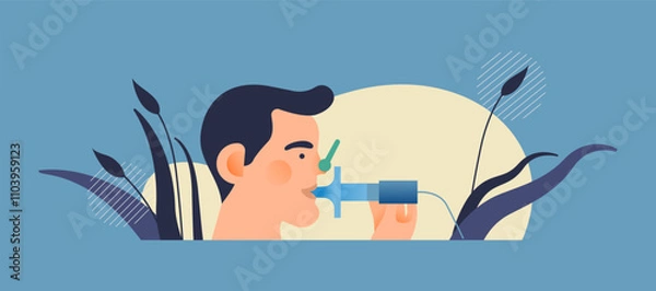 Fototapeta Young Male Doing Pulmonary Function Test on Abstract Background. Modern Flat Vector Illustration. Lung Function Test on Patient.