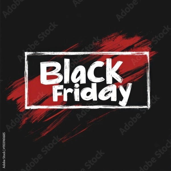 Fototapeta Logo in the style of Grunge style, with the text "Black Friday", black and white background, red brush strokes, isolated on a black background, white bold frame around all edges of the logo, simple cl