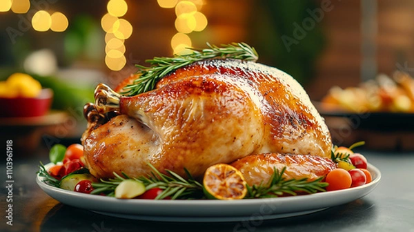 Fototapeta large roast turkey with crispy skin, garnished with fresh herbs and surrounded by colorful vegetables, creating festive and appetizing presentation