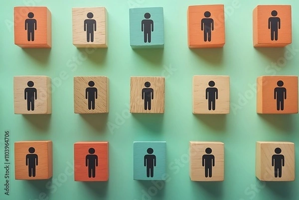 Obraz Pastel Wooden Blocks Teamwork, Inclusion, HR Segmentation