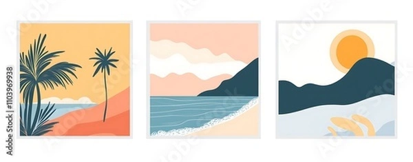 Obraz "Set of 5 Minimalist Beach and Sea Vector Banners with Palm Trees and Pastel Colors in Flat Design"